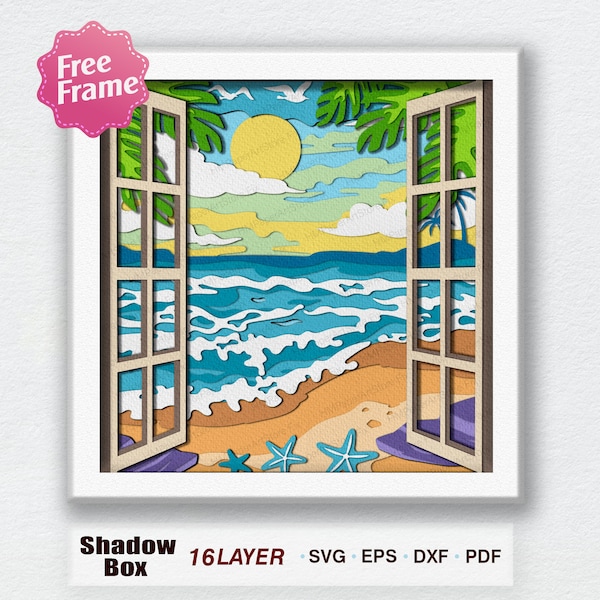 Marine Window Shadow Box Svg, Sea 3D Box, Marine Window Light Box svg, For Cricut File, 3D Box Gift, Sea Decor, Summer svg, Wave Beach SVG