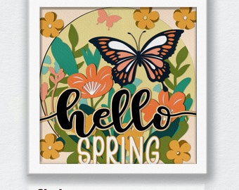 Hallo Frühling 3D Box Papierschnitt Schatten Box svg, Frühling Blumen Schatten Box svg Cricut Datei schneiden Cricut, Hallo Frühling svg, Schmetterling svg