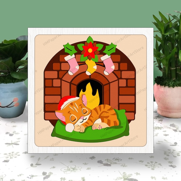 Cat at fireplace 3D Box Paper Cut, Cat at fireplace Light Box Svg, Merry Christmas Shadow Box, Svg For Cricut File,Cardstock Svg,Decor Home