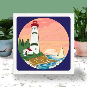 FARO 3D Caja Papel Corte Caja de Luz SVG, Faro Sunset Shadow Box Svg Cricut Archivo Corte Cricut, Faro Sombra Corte de Papel, BRICOLAJE