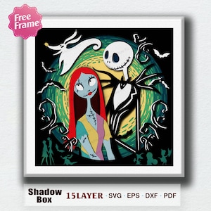 May include: A framed shadow box art piece featuring characters from The Nightmare Before Christmas. The artwork includes Jack Skellington, Sally, Zero, and other spooky silhouettes against a green and yellow background. The text "Shadow Box" and "15 LAYER SVG EPS DXF PDF" are visible.