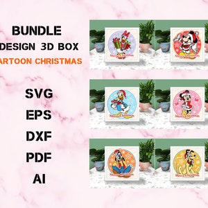 Paquete de caja 3D de Navidad de dibujos animados, caja de luz cortada en papel svg, caja de sombras de Mickey de dibujos animados svg, archivo cricut, cricut de corte, corte de papel de sombra de Mickey