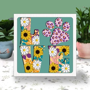 LOVE DOG 3D-vak papier gesneden lichtbak Svg, Love Dog Paw Shadow Box Svg Cricut bestand snijden Cricut, Dog Paw Floral Shadow Paper Cut