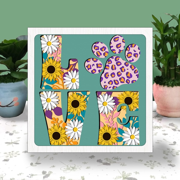 LOVE DOG 3D Box Paper Cut Light Box Svg,Love Dog Paw Shadow Box Svg Cricut File Cutting Cricut, Dog Paw Floral Shadow Paper Cut