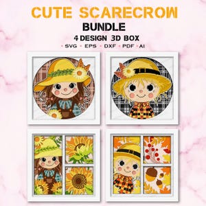 Bundle mignon épouvantail Shadow Box svg, épouvantail mignon SVG, boîte 3D garçon mignon, pour fichier Cricut, fille svg 3D, cadeau boîte 3D, décoration mignon garçon automne