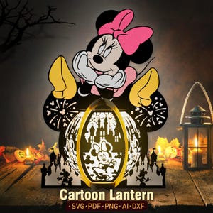 May include: A cartoon lantern featuring a silhouette of Mickey Mouse's girlfriend Minnie Mouse. The lantern is illuminated with a warm glow, showcasing a detailed design of a castle and fireworks. The lantern is made of wood and has a cutout design. The text "Cartoon Lantern" is displayed below the image.