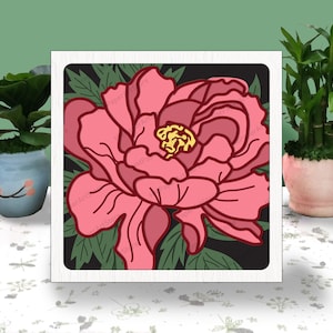 Caixa de luz 3d de flor de peônia, corte de papel, caixa de luz de peônia, svg, flor em camadas 3d, caixa de sombra svg para arquivo cricut, caixa de peônia 3d, cartolina svg