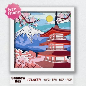 Svg, boîte 3D de fleurs de cerisier japonais, boîte à lumière de paysage japonais, pour fichier Cricut, décor de temple japonais