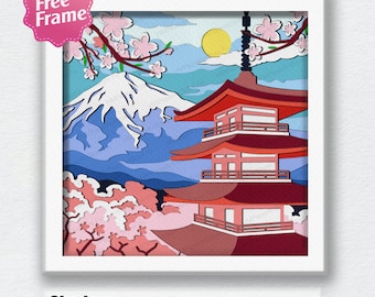 May include: A layered papercraft design featuring a red pagoda, Mount Fuji, and cherry blossoms. The design is framed in white and includes the text "Shadow Box 17 LAYER SVG EPS DXF PDF".