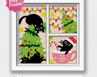 Stygg julkatt julskugglåda svg, svart katt 3D-låda, kattjul svg, stygg katt svg, för Cricut-fil, juldekor