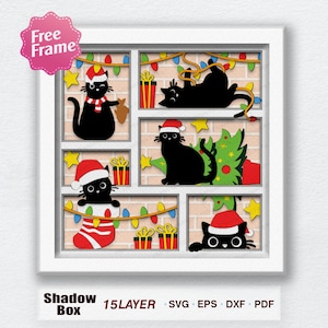 Chat noir Noël Shadow Box svg, boîte 3D chat noir, chat de Noël svg, caisson lumineux chat noir, Noël 3D, pour fichier Cricut, décoration de Noël