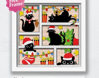 Svart katt julskugglåda svg, svart katt 3D-låda, kattjul svg, svart katt ljuslåda, jul 3D, för Cricut-fil, juldekor