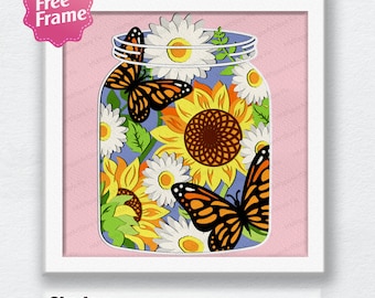 Daisy and Butterfly Mason Jar Shadow Box svg, Mason Jar Daisy SVG, Mason Jar 3D Box,For Cricut, Daisy and Butterfly svg, Decor Daisy
