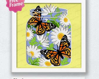 Mason Jar Daisy and Butterfly Shadow Box svg, Mason Jar Daisy SVG, Mason Jar 3D Box, For Cricut, Daisy and Butterfly svg, Decor Daisy