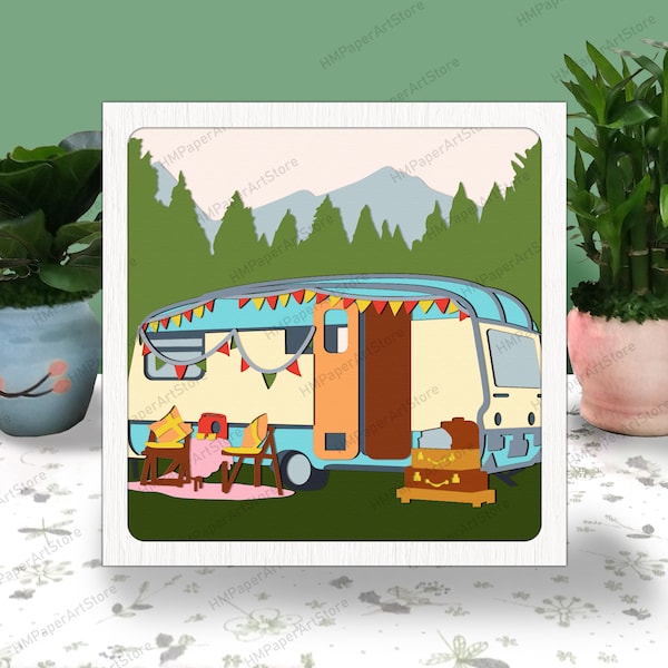 Camping in the forest 3D Box Paper Cut, Car Camping Light Box Svg, Camping Shadow Box, Svg For Cricut File, Cardstock Svg, Camping svg