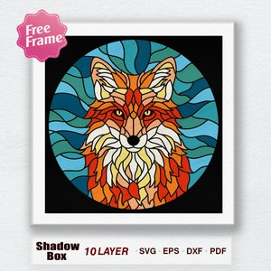 Svg de boîte ombre vitrail renard, Svg vitrail renard, boîte 3D en vitrail, pour Cricut, boîte 3D renard, cadeau boîte ombre, renard SVG