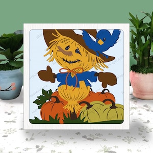 Espantapájaros Otoño Caja 3D Corte de Papel, Caja de Luz de Calabaza Espantapájaros Svg, Caja de Sombras de Granja de Calabaza Espantapájaros, Svg para Archivo Cricut, Cartulina Svg