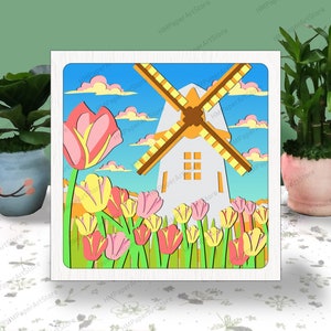 Windmill 3D Box Paper Cut Windmill Light Box Svg, Farmhouse Shadow Box Svg Cricut File Cutting Cricut, Tulip Flower Shadow Paper Cut