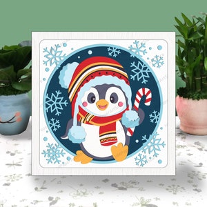 Boîte papier découpé 3D Noël pingouin, boîte lumineuse pingouin Svg, boîte ombre pingouin, Svg pour fichier Cricut, papier cartonné Svg, papier cartonné Svg