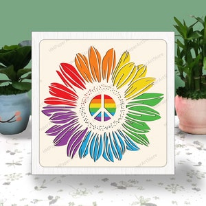 Papier découpé 3D arc-en-ciel tournesol fierté LGBTQ, caisson lumineux Svg, fichier Cricut Svg Shadow Box coupe Cricut, fierté arc-en-ciel amour ombre ombre papier découpé