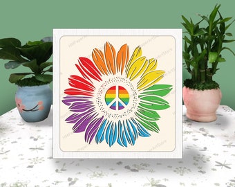 Sunflower Rainbow 3D Box Paper Cut LGBTQ Pride Light Box Svg, Shadow Box Svg Cricut File Cutting Cricut, Pride Rainbow Love Shadow Paper Cut
