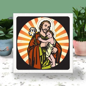 Joseph trzymający Dzieciątko Jezus 3D Pudełko Wycinane Papierem, Joseph Light Box Svg, Joseph Shadow Box Svg, Dla Pliku Cricut, Święty Józef SVG, Joseph i Jezus