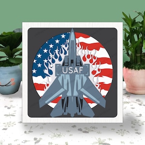 FUERZA AÉREA 4 de julio Caja 3D Corte de papel Caja de luz PATRIÓTICA Caja de sombras Svg Cricut Archivo Corte Cricut Día de la Independencia Corte de papel de sombra
