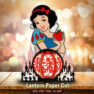 May include: A paper cut lantern featuring a cartoon of Snow White holding a red apple. The lantern is red and white, with a black base and a pink castle silhouette in the background. The text "Lantern Paper Cut" is at the bottom.