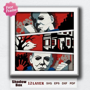 May include: A multi-layered paper shadow box art piece featuring a comic book style layout with three panels. The top and bottom panels show a masked figure holding a knife against a red background. The middle panel depicts a house and a tree.