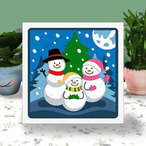 Muñeco de nieve familia Navidad 3D caja corte de papel, caja familiar muñeco de nieve svg, caja de sombras de Navidad muñeco de nieve, svg para archivo cricut, cartulina svg, muñeco de nieve