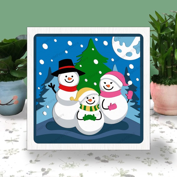 Snowman Family Christmas 3D Box Paper Cut, Snowman Family Box Svg, Snowman Christmas Shadow Box, Svg For Cricut File,Cardstock Svg, Snowman