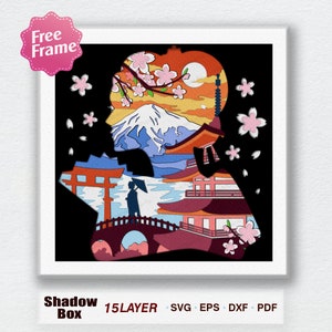 女の子の日本の風景の窓のシャドーボックス SVG、日本の桜の 3D ボックス、日本の風景 SVG、Cricut ファイル用、日本の寺院の装飾