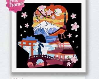 Caja de sombras para ventana con paisaje japonés de niña, caja 3D con flores de cerezo japonesas, paisaje japonés, para archivo Cricut, decoración de templo japonés