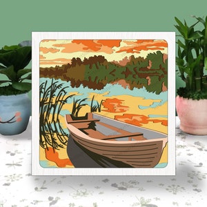 Barca sul lago 3D Box, Dock sul lago Shadow Box Svg, Lake Light Box, Per Cricut File, Barca sul lago Shadow 3D Box, Paesaggio 3D Box