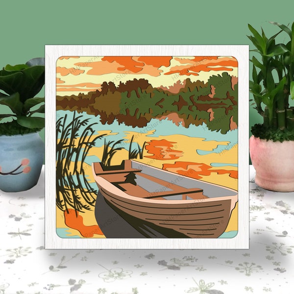 Boat on Lake 3D Box, Dock On The Lake Shadow Box Svg, Lake Light Box, For Cricut File, Boat on Lake  Shadow 3D Box, Landscape 3D Box