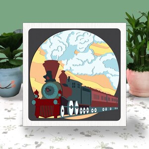 Caja de tren 3D Locomotora Papel cortado Caja de sombras Archivo de corte Cricut de tren vintage Corte de papel de sombra Cricut