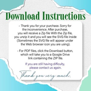 Pode incluir: Gr&aacute;fico de instru&ccedil;&otilde;es de download digital com fundo branco e detalhes em verde-azulado e verde. O texto diz "Instru&ccedil;&otilde;es de download" e fornece as etapas para acessar os arquivos ap&oacute;s a compra, incluindo descompacta&ccedil;&atilde;o e localiza&ccedil;&atilde;o de arquivos SVG e PDF. A mensagem termina com "Thank you very much."