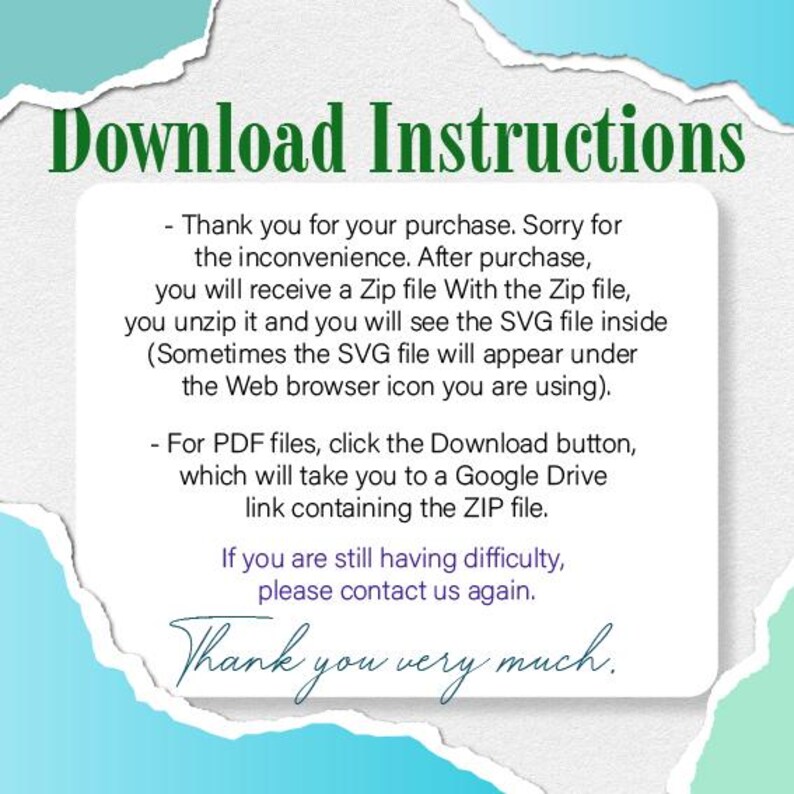 Pode incluir: Gr&aacute;fico de instru&ccedil;&otilde;es de download digital com fundo branco e detalhes em verde-azulado e verde. O texto diz "Instru&ccedil;&otilde;es de download" e fornece as etapas para acessar os arquivos ap&oacute;s a compra, incluindo descompacta&ccedil;&atilde;o e localiza&ccedil;&atilde;o de arquivos SVG e PDF. A mensagem termina com "Thank you very much."