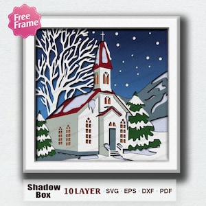 Winter Church Shadow Box, Layered Christmas Paper Art Scene, Peaceful Snowy Chapel Décor, Christian Holiday Craft, Faith Inspired Lightbox