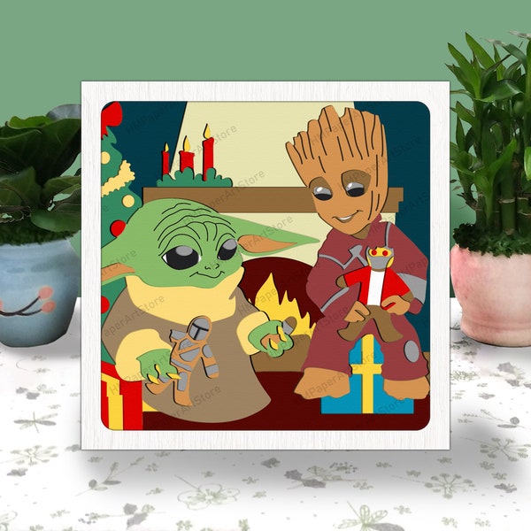 Yoda and Groot Christmas 3D Box Paper Cut, Yoda and Groot Light Box Svg, Merry Christmas Shadow Box, Svg For Cricut File, Cardstock Svg Yoda and Groot Christmas 3D Box Paper Cut, Yoda and Groot Light Box Svg, Merry Christmas Shadow Box, Svg For Cricut File, Cardstock Svg