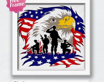 May include: A layered papercraft design featuring a bald eagle with an American flag background and five soldiers standing in front of it. The design is labelled "Shadow Box" and "9 LAYER".