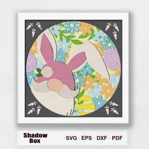 Boîte 3D Gnome de Pâques en papier découpé Svg, boîte d'ombre de Pâques floral printanier, lapin de Pâques gnome, boîte d'ombre gnome, joyeuse fête de Pâques, Pâques