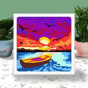 Boot auf dem See 3D Box, Dock auf dem See Schatten Box svg, See Light Box, für Cricut-Datei, Boot auf dem See Schatten 3D Box, Landschaft 3D Box svg