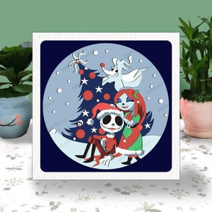 Jack und Sally Weihnachten 3D Box Papierschnitt, Jack und Sally Light Box svg, Cartoon Weihnachten Shadow Box, svg für Cricut-Datei, Weihnachtsdekor