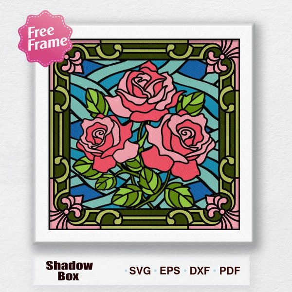Rose Stained Glass Shadow Box Svg, Rose Stained Glass 3D Box, Stained Glass 3D Box, For Cricut, Rose 3D Box, Rose Flower SVG, Stained Glass