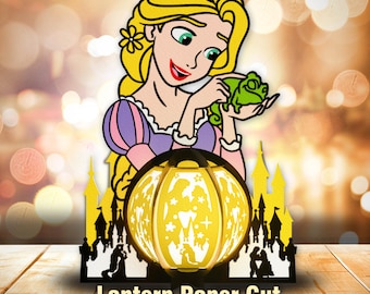 Fairy Tale Princess Lantern Light Box SVG, 3D Layered Paper Cut with Castle and Chameleon, Cute Night Light for Kids Room Decor /K304