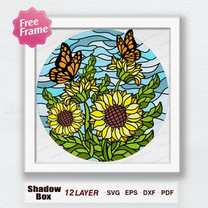 Svg, boîte à lumière en vitrail tournesol Buffterfly, pour Cricut, boîte 3D tournesol, tournesol Buffterfly svg