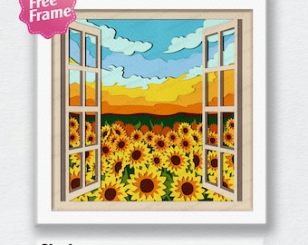 Sunflower Field 3D Shadow Box Svg, Sunflower Shadow Box, Sunflower Field Light Box, For Cricut, Sunflower Field 3D Box, Sunflower SVG
