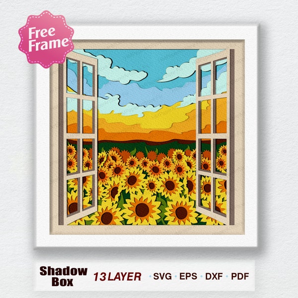 Sunflower Field 3D Shadow Box Svg, Sunflower Shadow Box, Sunflower Field Light Box, For Cricut, Sunflower Field 3D Box, Sunflower SVG