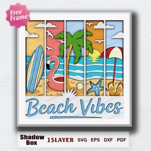 May include: A multi-layered paper craft shadow box design featuring a beach scene with a surfboard, a pink flamingo float, a palm tree, a yellow sun, a starfish, and flip-flops. The text Beach Vibes is displayed at the bottom in blue lettering.
